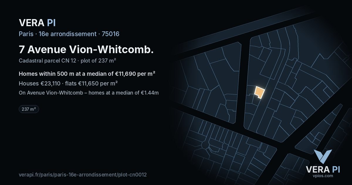 7 Avenue Vion-Whitcomb, 16e arrondissement at night – the plot lit, the parcels around coloured by the prices near them