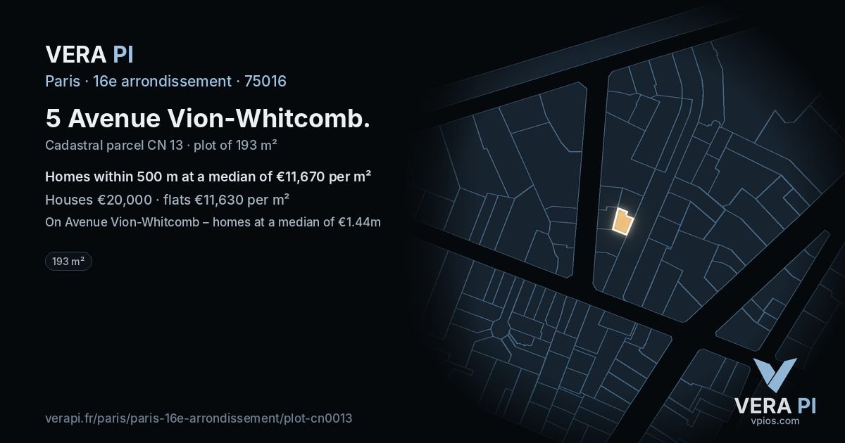 5 Avenue Vion-Whitcomb, 16e arrondissement at night – the plot lit, the parcels around coloured by the prices near them