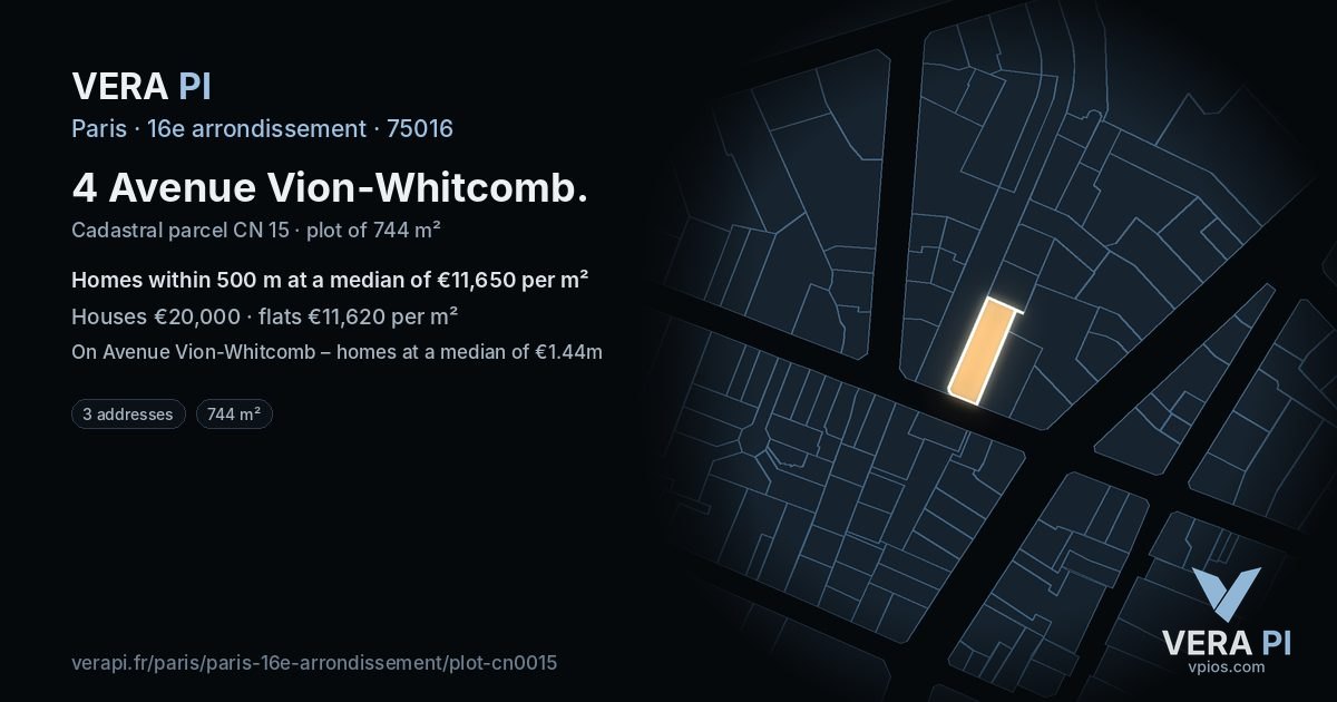 4 Avenue Vion-Whitcomb, 16e arrondissement at night – the plot lit, the parcels around coloured by the prices near them