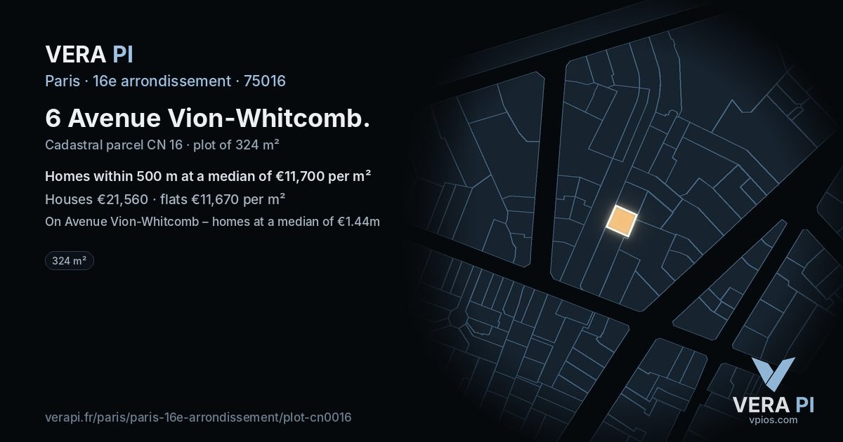 6 Avenue Vion-Whitcomb, 16e arrondissement at night – the plot lit, the parcels around coloured by the prices near them