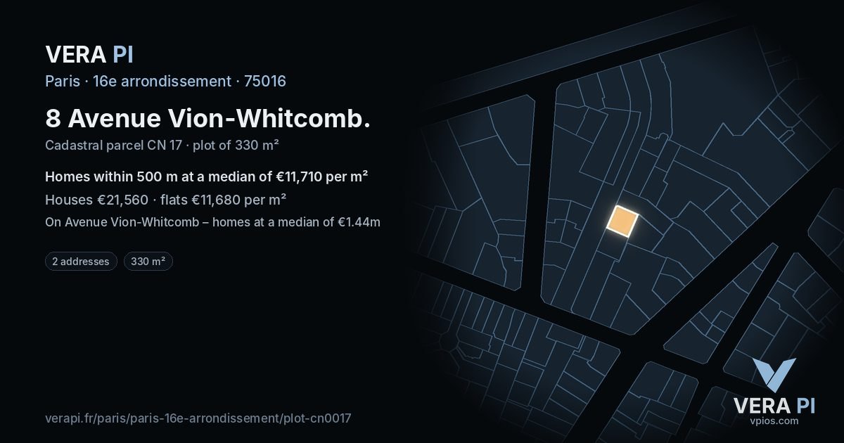 8 Avenue Vion-Whitcomb, 16e arrondissement at night – the plot lit, the parcels around coloured by the prices near them