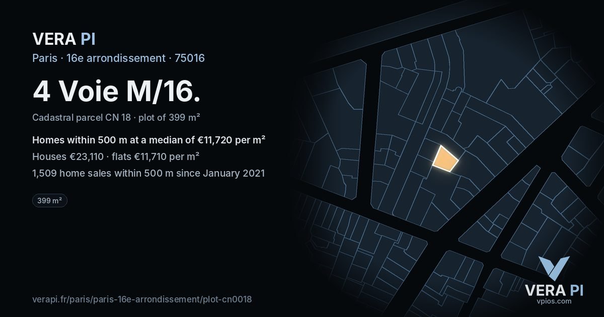 4 Voie M/16, 16e arrondissement at night – the plot lit, the parcels around coloured by the prices near them