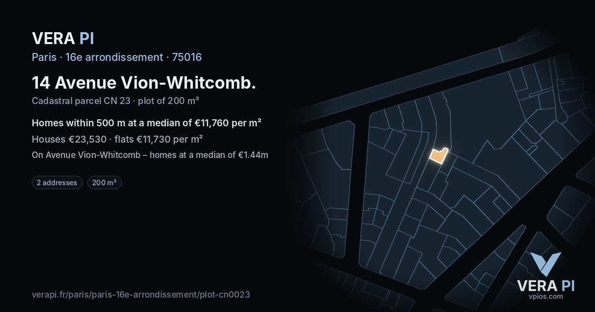 14 Avenue Vion-Whitcomb, 16e arrondissement at night – the plot lit, the parcels around coloured by the prices near them