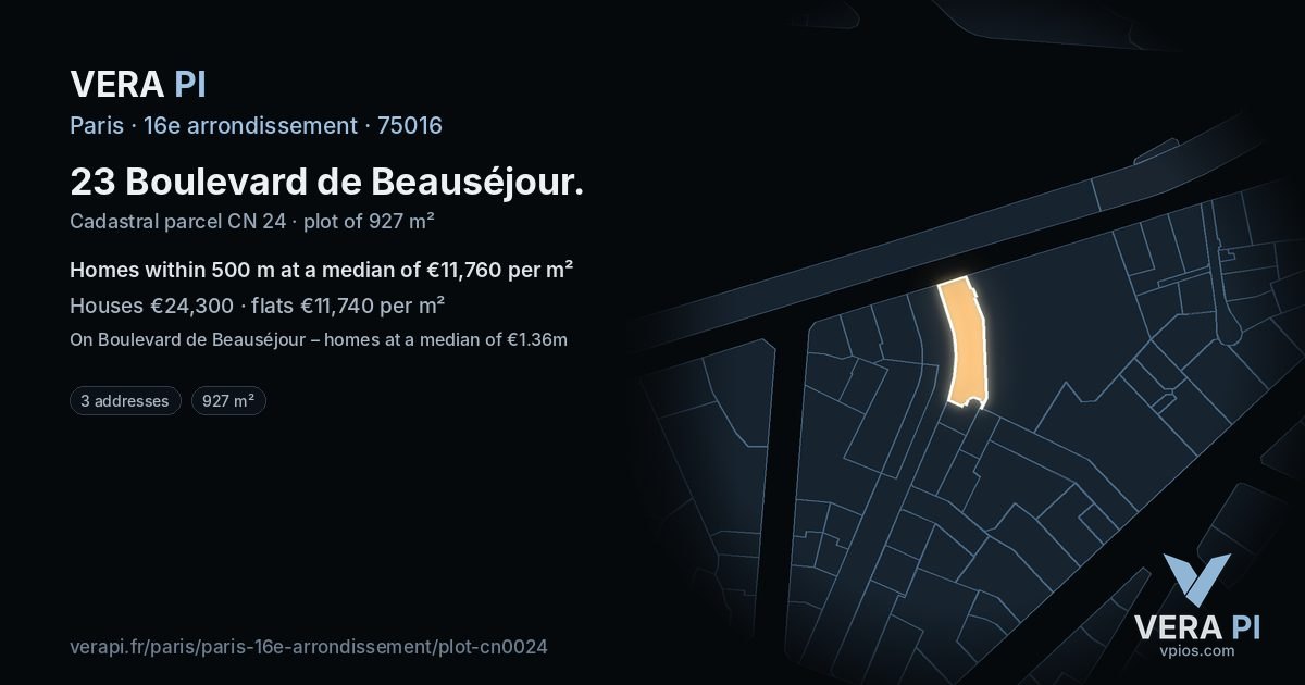 23 Boulevard de Beauséjour, 16e arrondissement at night – the plot lit, the parcels around coloured by the prices near them