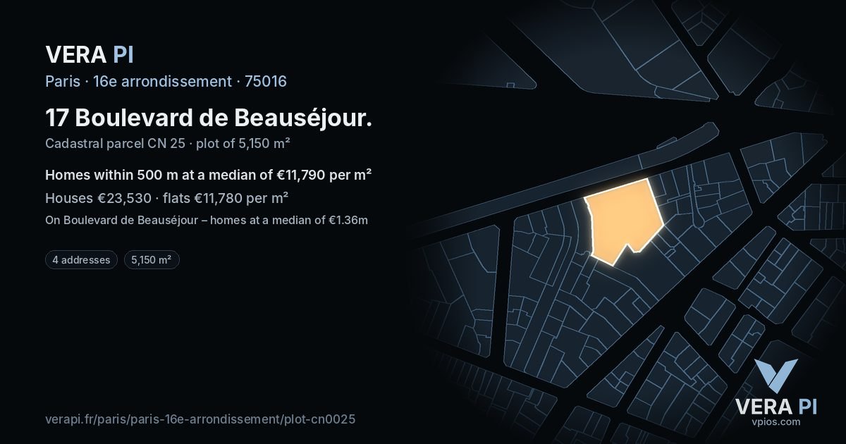 17 Boulevard de Beauséjour, 16e arrondissement at night – the plot lit, the parcels around coloured by the prices near them
