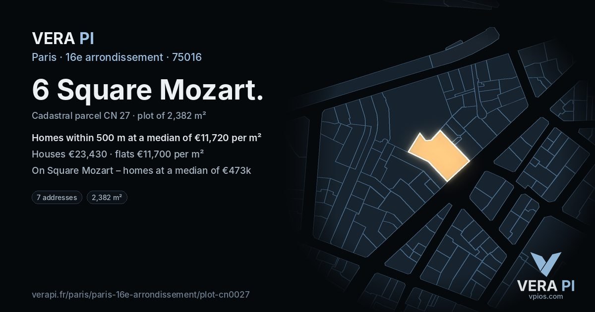 6 Square Mozart, 16e arrondissement at night – the plot lit, the parcels around coloured by the prices near them