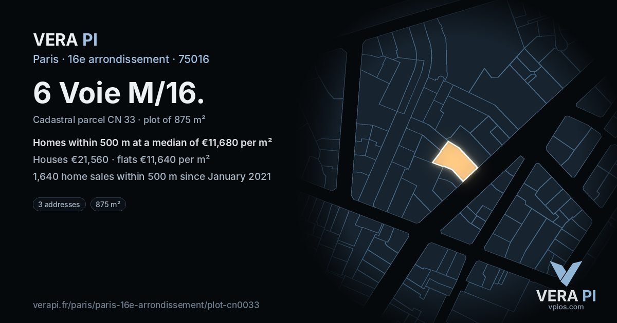 6 Voie M/16, 16e arrondissement at night – the plot lit, the parcels around coloured by the prices near them
