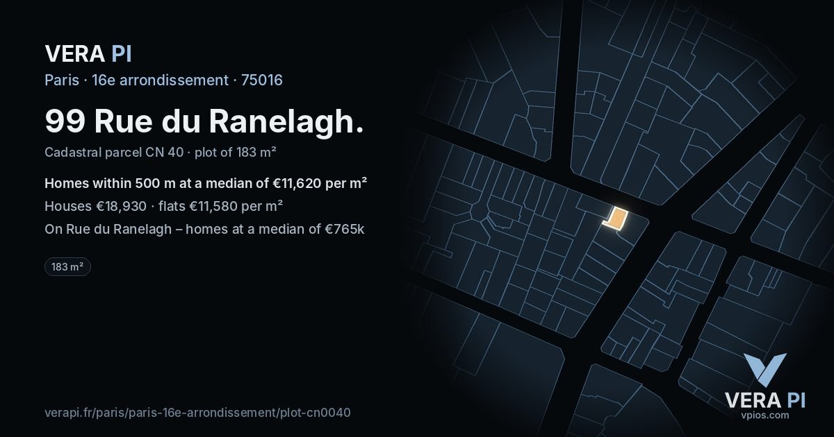 99 Rue du Ranelagh, 16e arrondissement at night – the plot lit, the parcels around coloured by the prices near them