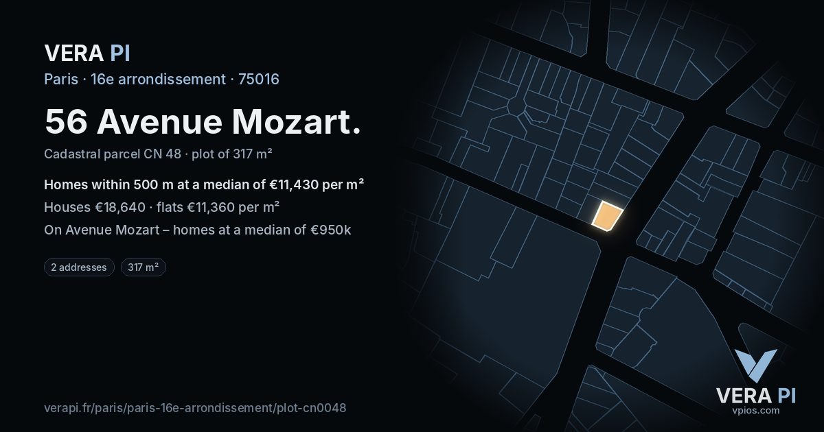 56 Avenue Mozart, 16e arrondissement at night – the plot lit, the parcels around coloured by the prices near them