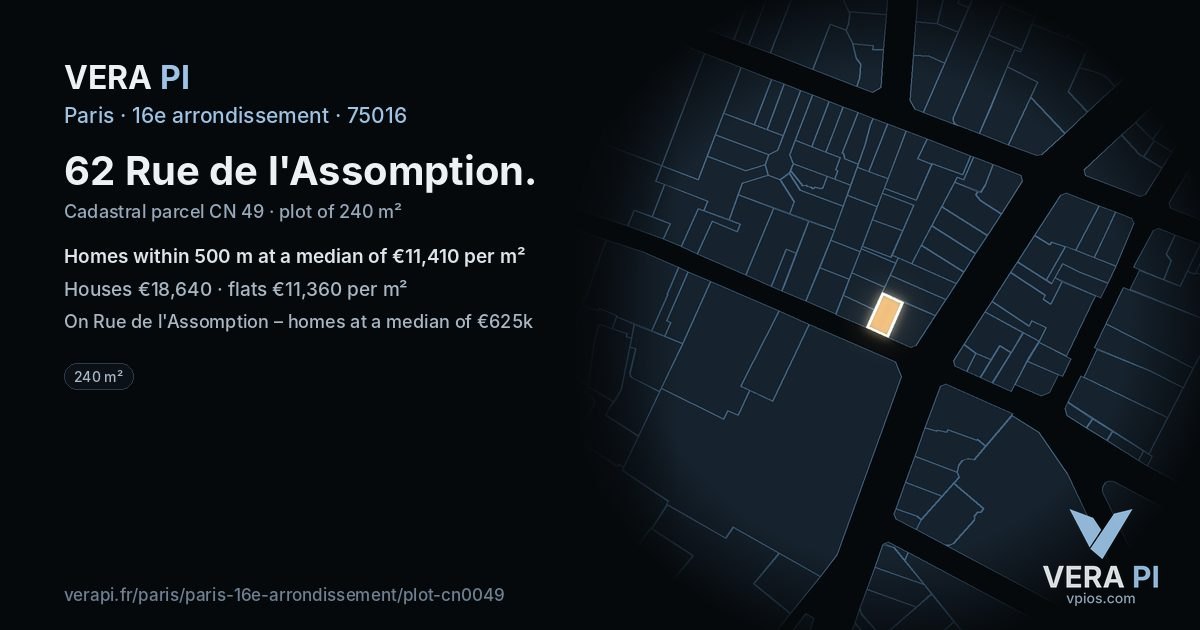 62 Rue de l'Assomption, 16e arrondissement at night – the plot lit, the parcels around coloured by the prices near them
