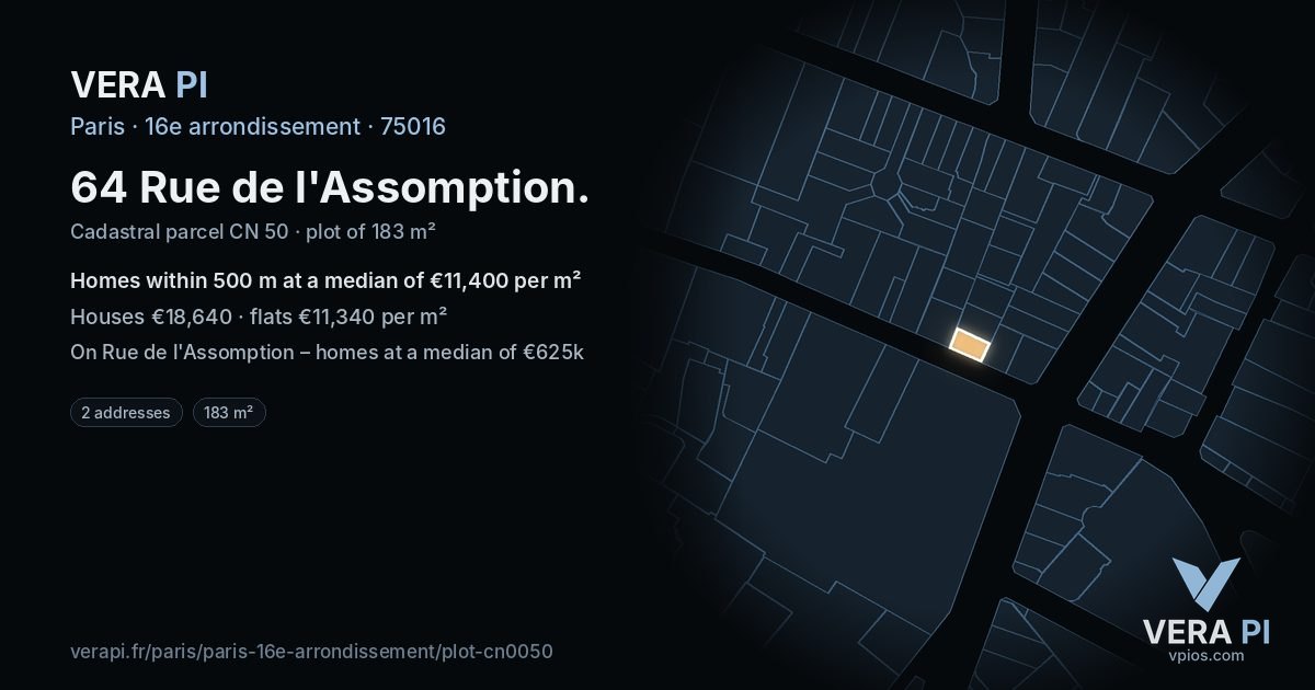 64 Rue de l'Assomption, 16e arrondissement at night – the plot lit, the parcels around coloured by the prices near them