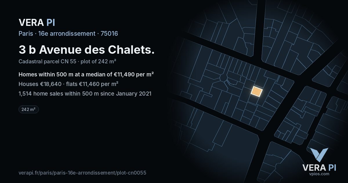 3 b Avenue des Chalets, 16e arrondissement at night – the plot lit, the parcels around coloured by the prices near them