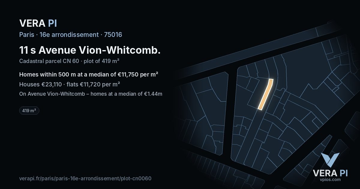 11 s Avenue Vion-Whitcomb, 16e arrondissement at night – the plot lit, the parcels around coloured by the prices near them