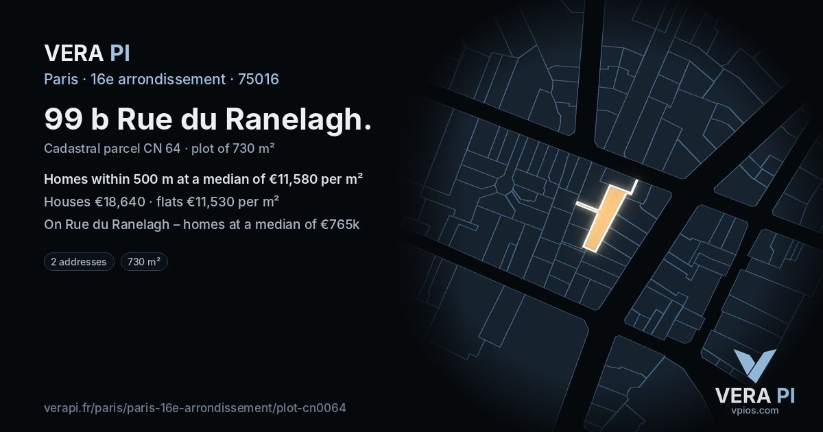 99 b Rue du Ranelagh, 16e arrondissement at night – the plot lit, the parcels around coloured by the prices near them