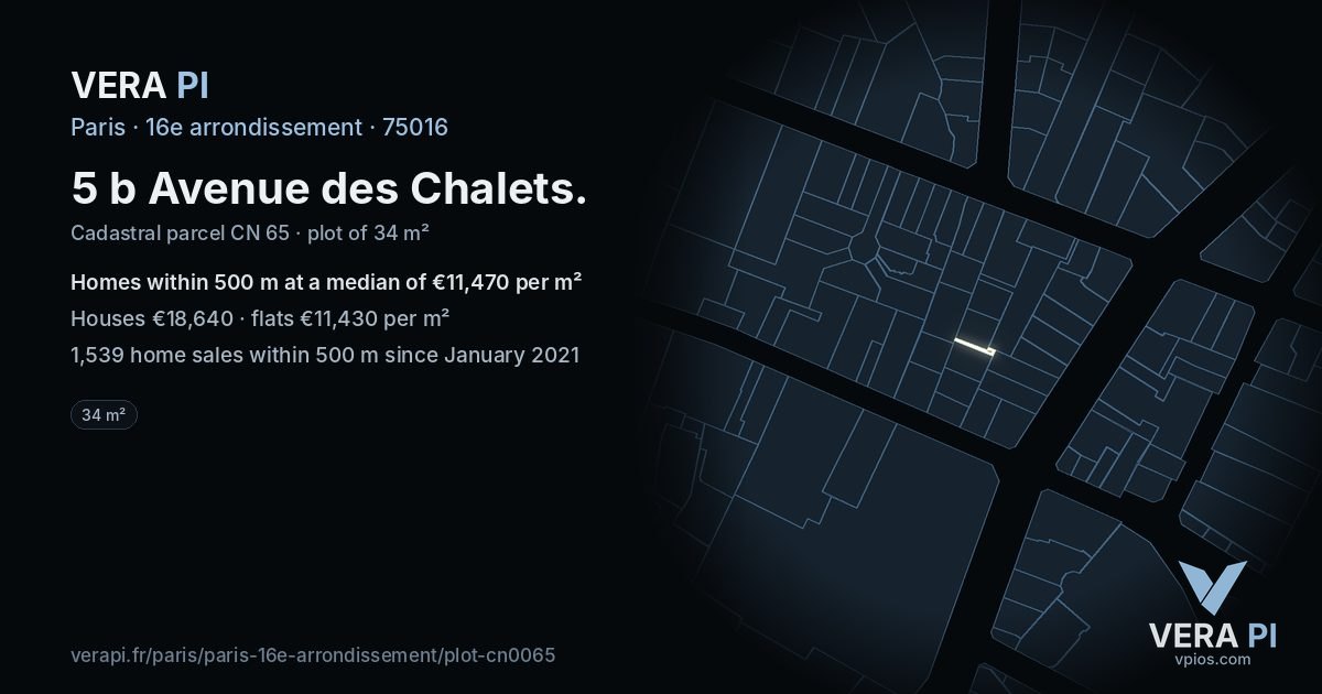 5 b Avenue des Chalets, 16e arrondissement at night – the plot lit, the parcels around coloured by the prices near them