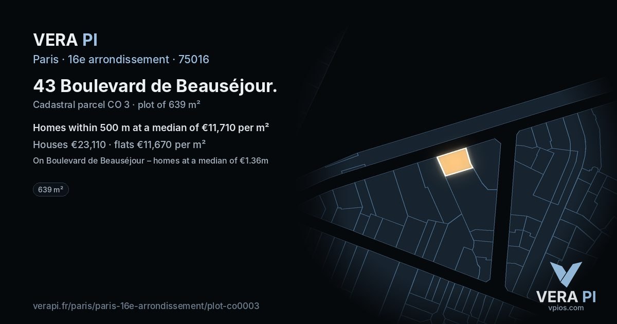 43 Boulevard de Beauséjour, 16e arrondissement at night – the plot lit, the parcels around coloured by the prices near them