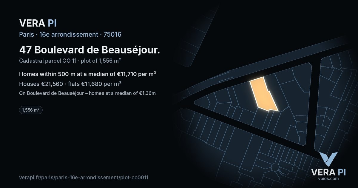 47 Boulevard de Beauséjour, 16e arrondissement at night – the plot lit, the parcels around coloured by the prices near them