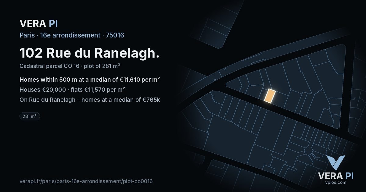 102 Rue du Ranelagh, 16e arrondissement at night – the plot lit, the parcels around coloured by the prices near them