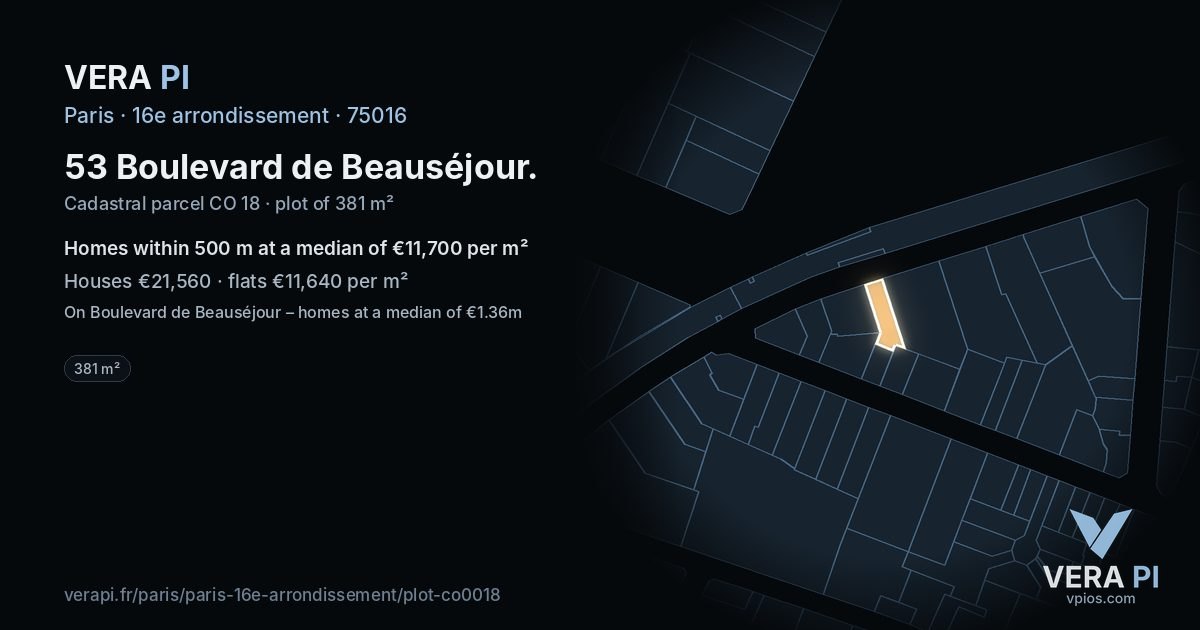 53 Boulevard de Beauséjour, 16e arrondissement at night – the plot lit, the parcels around coloured by the prices near them