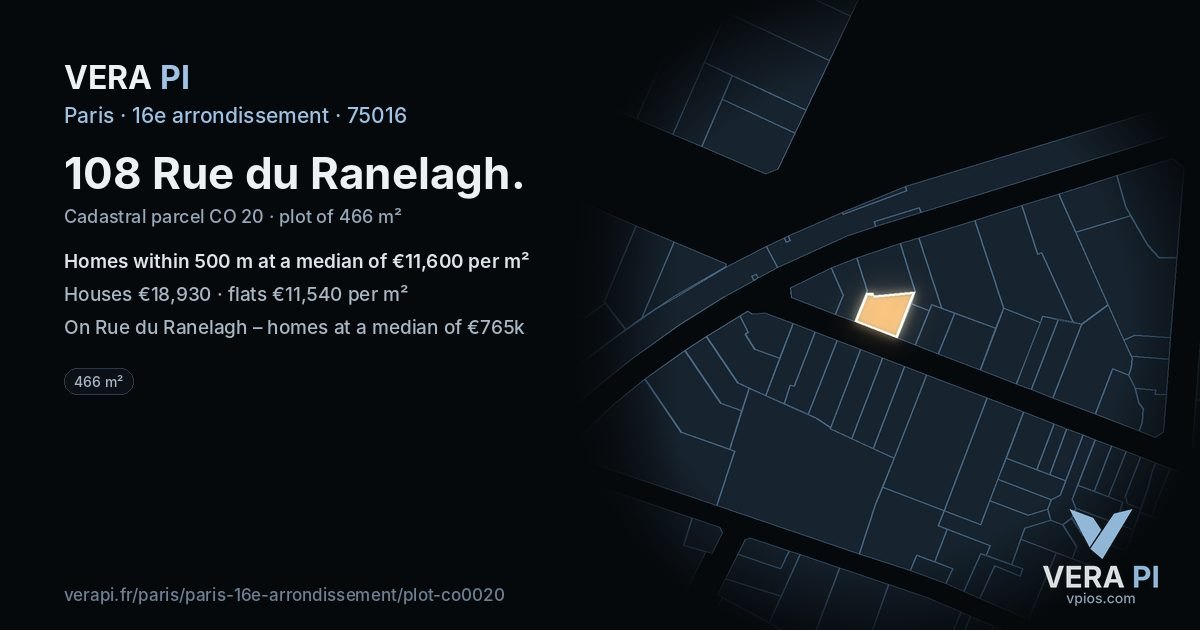 108 Rue du Ranelagh, 16e arrondissement at night – the plot lit, the parcels around coloured by the prices near them