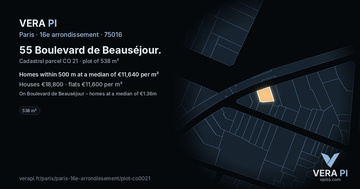 55 Boulevard de Beauséjour, 16e arrondissement at night – the plot lit, the parcels around coloured by the prices near them