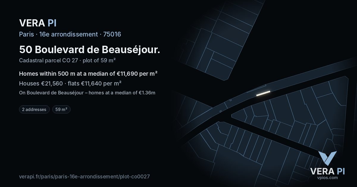 50 Boulevard de Beauséjour, 16e arrondissement at night – the plot lit, the parcels around coloured by the prices near them