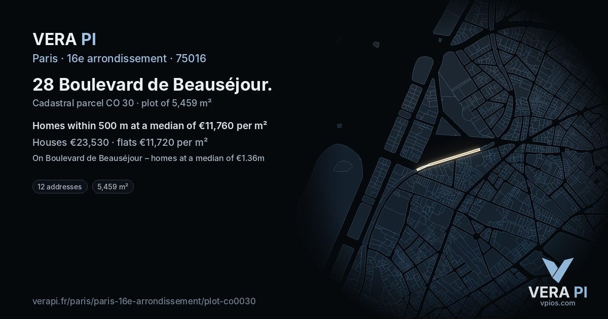 28 Boulevard de Beauséjour, 16e arrondissement at night – the plot lit, the parcels around coloured by the prices near them