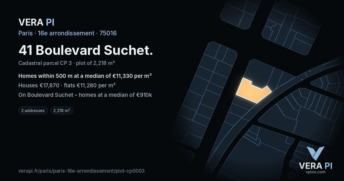 41 Boulevard Suchet, 16e arrondissement at night – the plot lit, the parcels around coloured by the prices near them
