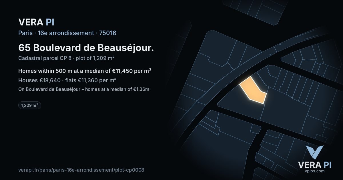 65 Boulevard de Beauséjour, 16e arrondissement at night – the plot lit, the parcels around coloured by the prices near them