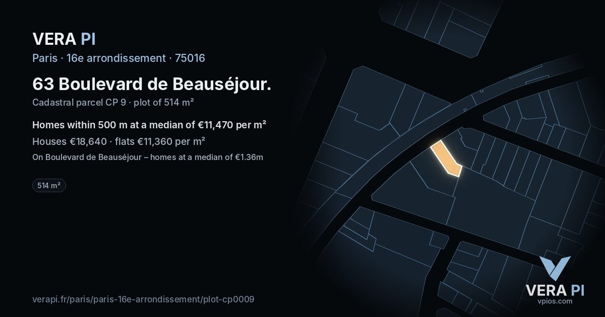 63 Boulevard de Beauséjour, 16e arrondissement at night – the plot lit, the parcels around coloured by the prices near them