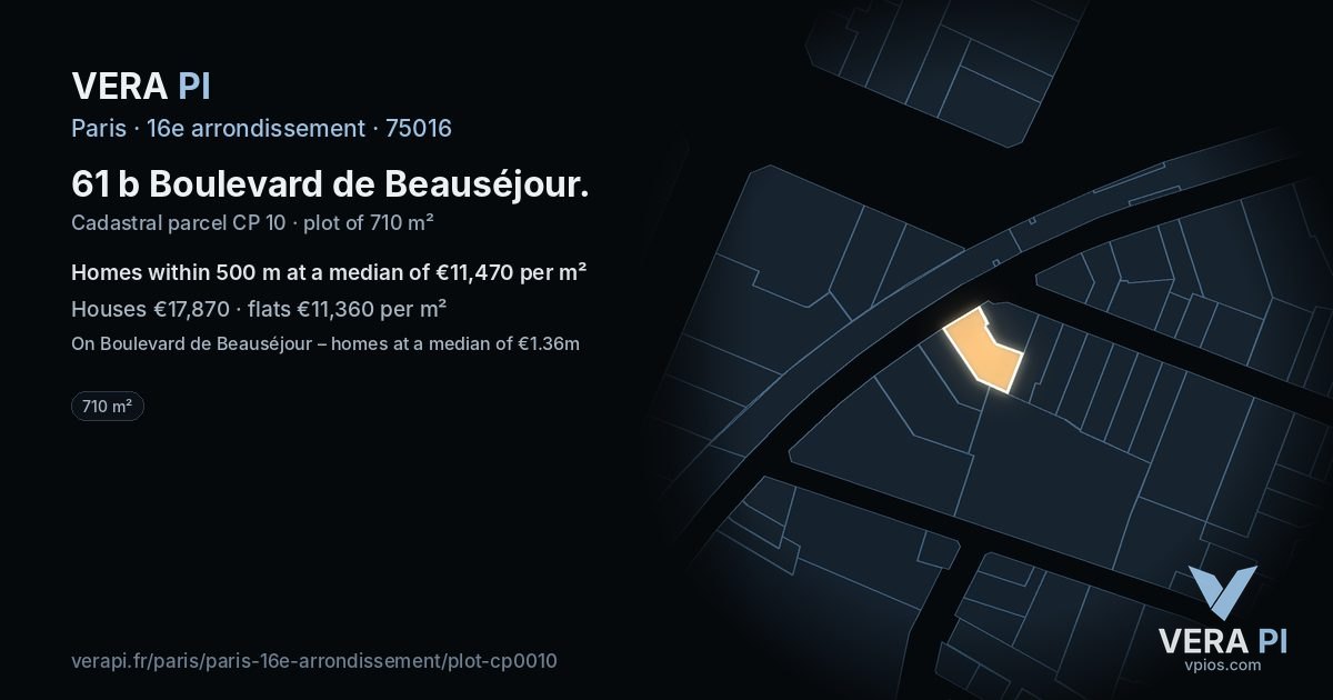 61 b Boulevard de Beauséjour, 16e arrondissement at night – the plot lit, the parcels around coloured by the prices near them