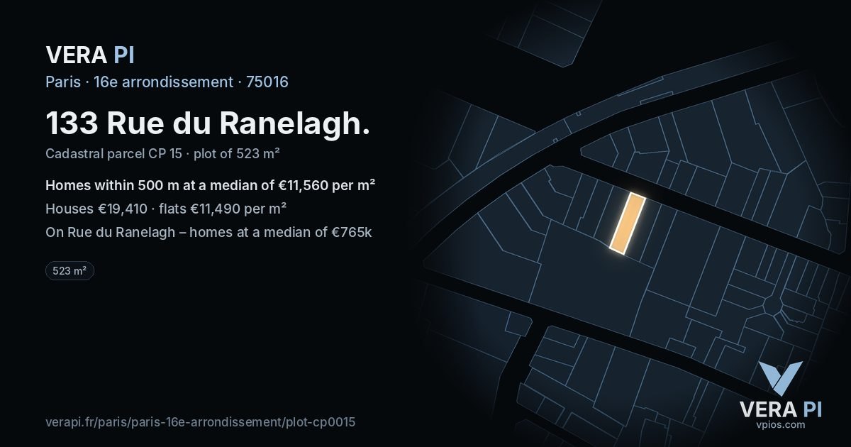 133 Rue du Ranelagh, 16e arrondissement at night – the plot lit, the parcels around coloured by the prices near them