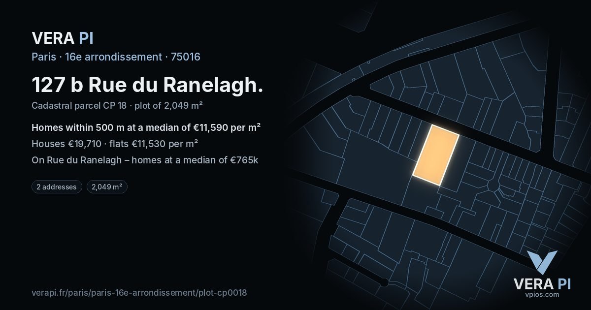 127 b Rue du Ranelagh, 16e arrondissement at night – the plot lit, the parcels around coloured by the prices near them
