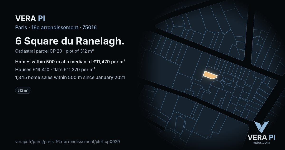6 Square du Ranelagh, 16e arrondissement at night – the plot lit, the parcels around coloured by the prices near them