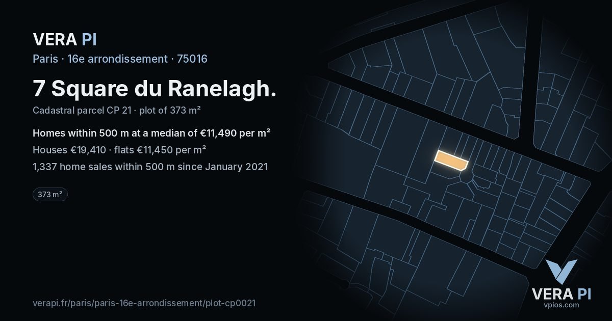 7 Square du Ranelagh, 16e arrondissement at night – the plot lit, the parcels around coloured by the prices near them