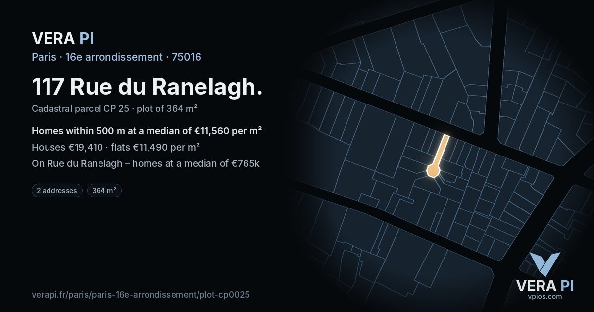 117 Rue du Ranelagh, 16e arrondissement at night – the plot lit, the parcels around coloured by the prices near them
