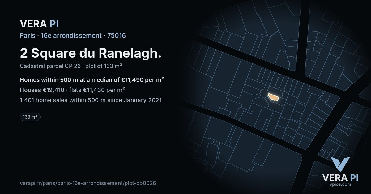 2 Square du Ranelagh, 16e arrondissement at night – the plot lit, the parcels around coloured by the prices near them
