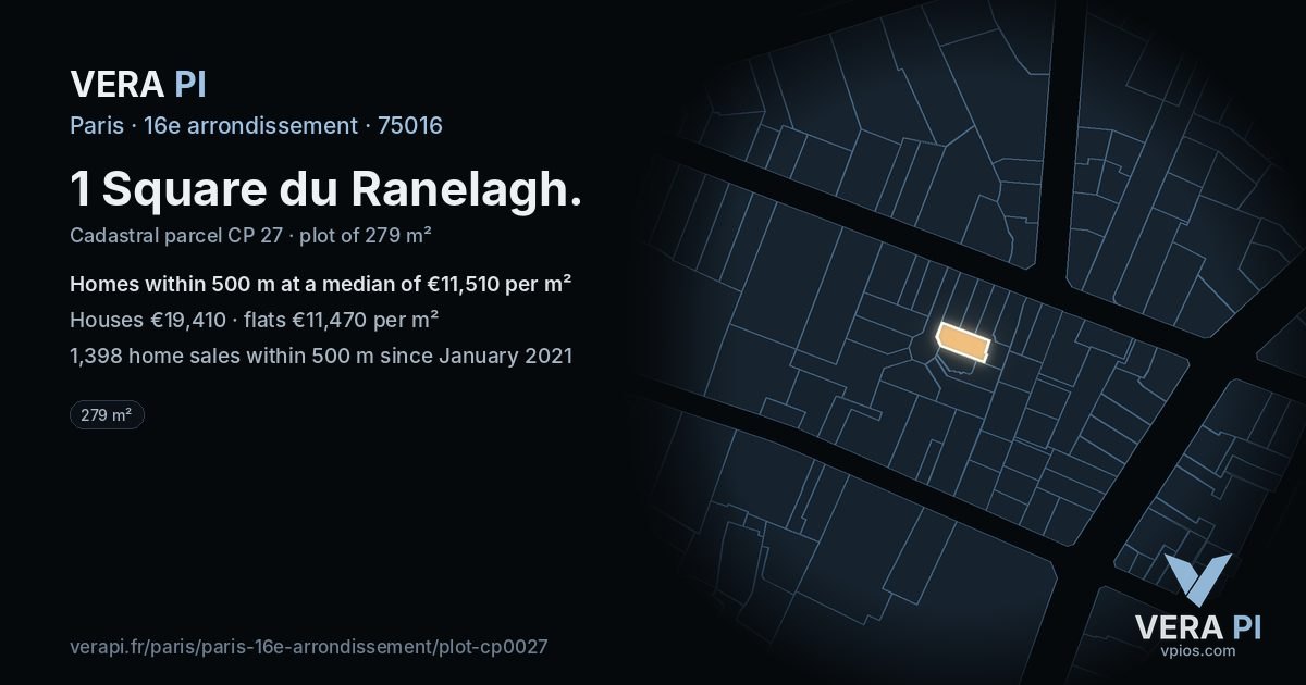 1 Square du Ranelagh, 16e arrondissement at night – the plot lit, the parcels around coloured by the prices near them