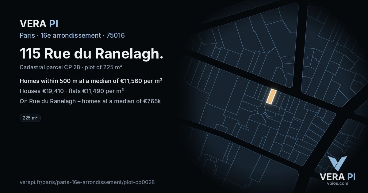 115 Rue du Ranelagh, 16e arrondissement at night – the plot lit, the parcels around coloured by the prices near them