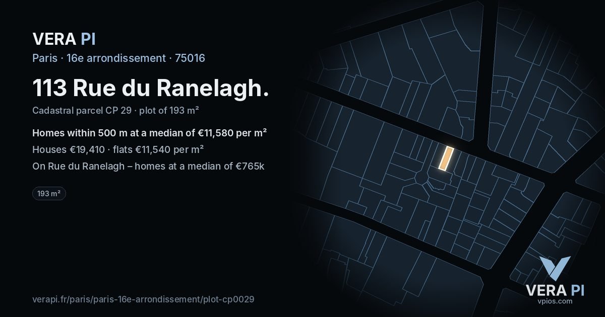 113 Rue du Ranelagh, 16e arrondissement at night – the plot lit, the parcels around coloured by the prices near them