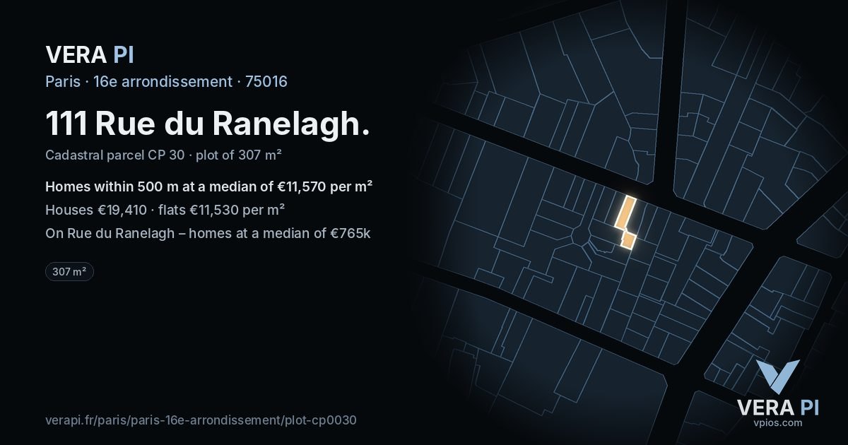 111 Rue du Ranelagh, 16e arrondissement at night – the plot lit, the parcels around coloured by the prices near them