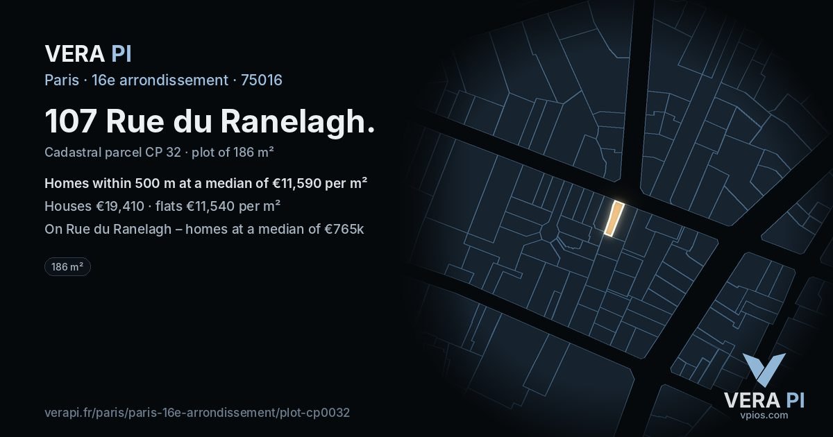 107 Rue du Ranelagh, 16e arrondissement at night – the plot lit, the parcels around coloured by the prices near them