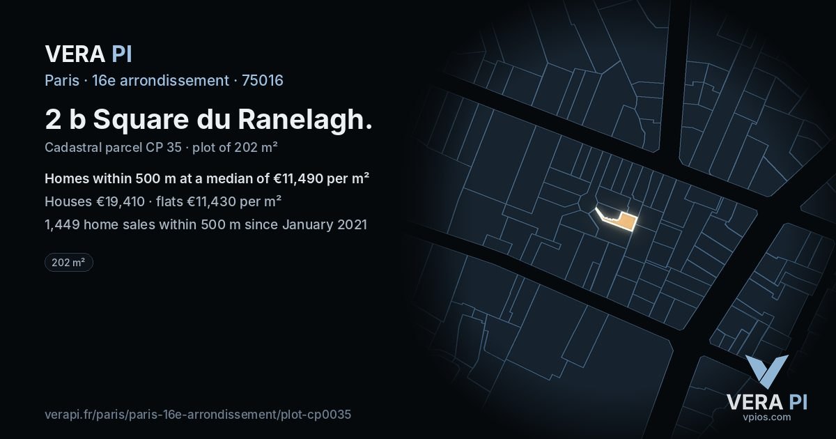 2 b Square du Ranelagh, 16e arrondissement at night – the plot lit, the parcels around coloured by the prices near them