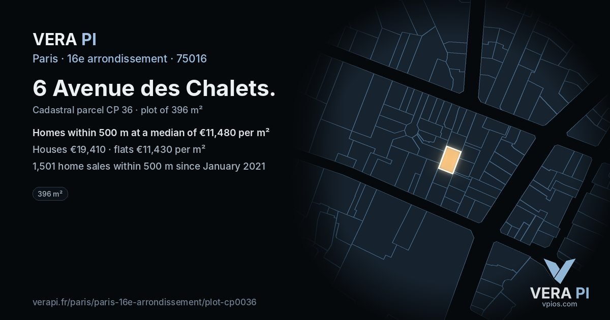 6 Avenue des Chalets, 16e arrondissement at night – the plot lit, the parcels around coloured by the prices near them