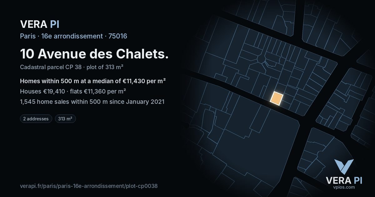 10 Avenue des Chalets, 16e arrondissement at night – the plot lit, the parcels around coloured by the prices near them