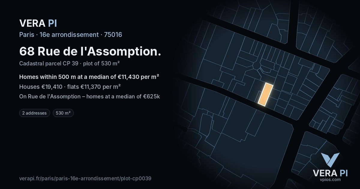 68 Rue de l'Assomption, 16e arrondissement at night – the plot lit, the parcels around coloured by the prices near them