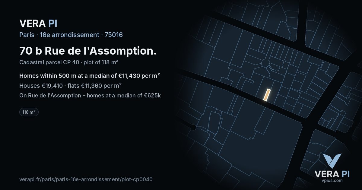 70 b Rue de l'Assomption, 16e arrondissement at night – the plot lit, the parcels around coloured by the prices near them