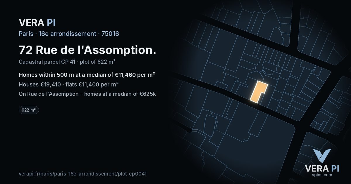 72 Rue de l'Assomption, 16e arrondissement at night – the plot lit, the parcels around coloured by the prices near them