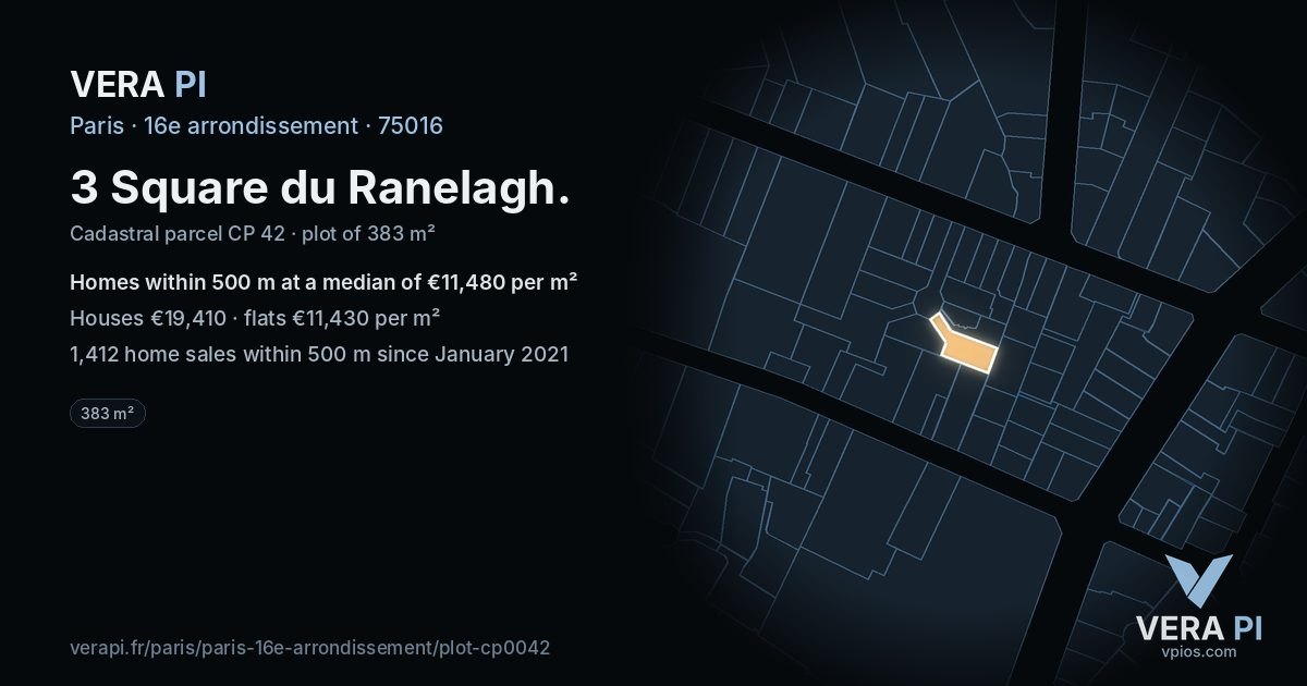 3 Square du Ranelagh, 16e arrondissement at night – the plot lit, the parcels around coloured by the prices near them