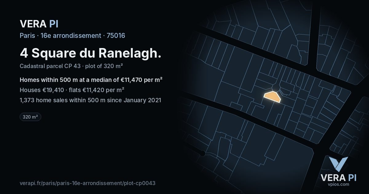 4 Square du Ranelagh, 16e arrondissement at night – the plot lit, the parcels around coloured by the prices near them